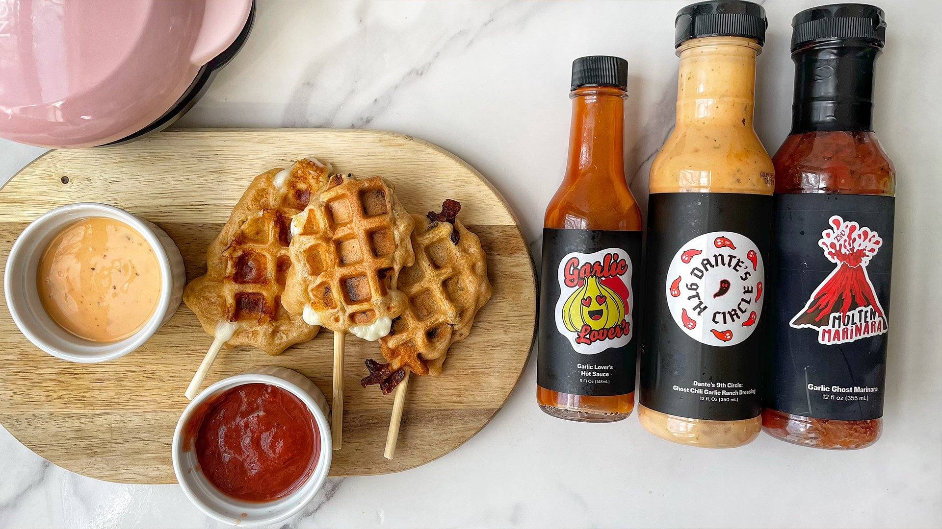 Waffle Cheese Sticks with Garlic Lover's Hot Sauce