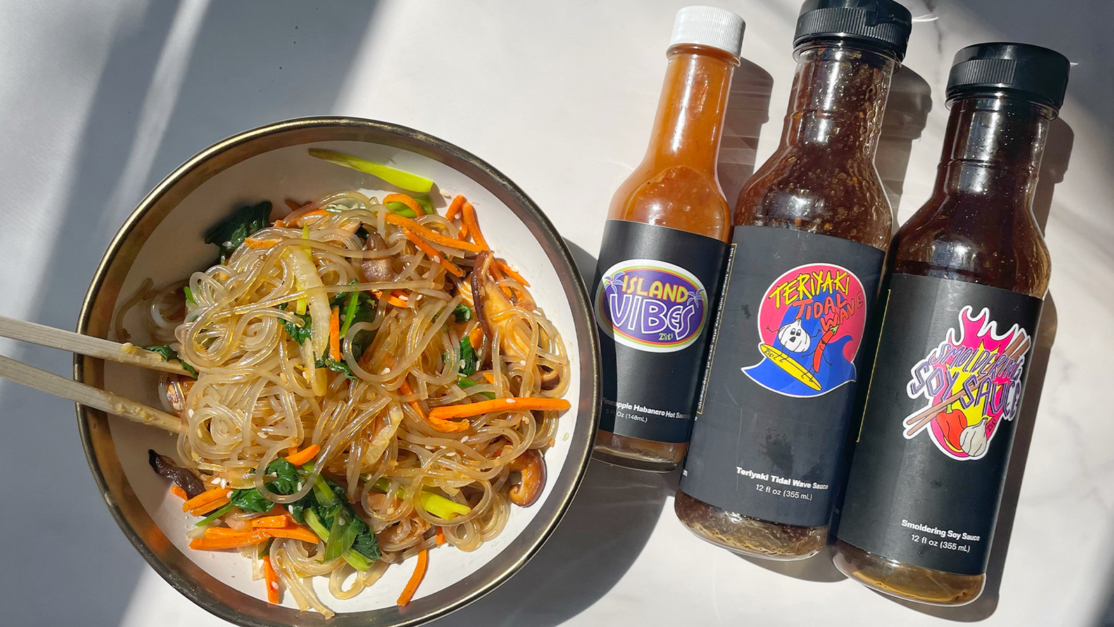 Japchae with Teriyaki Tidal Wave, Smoldering Soy Sauce, and Island Vibes
