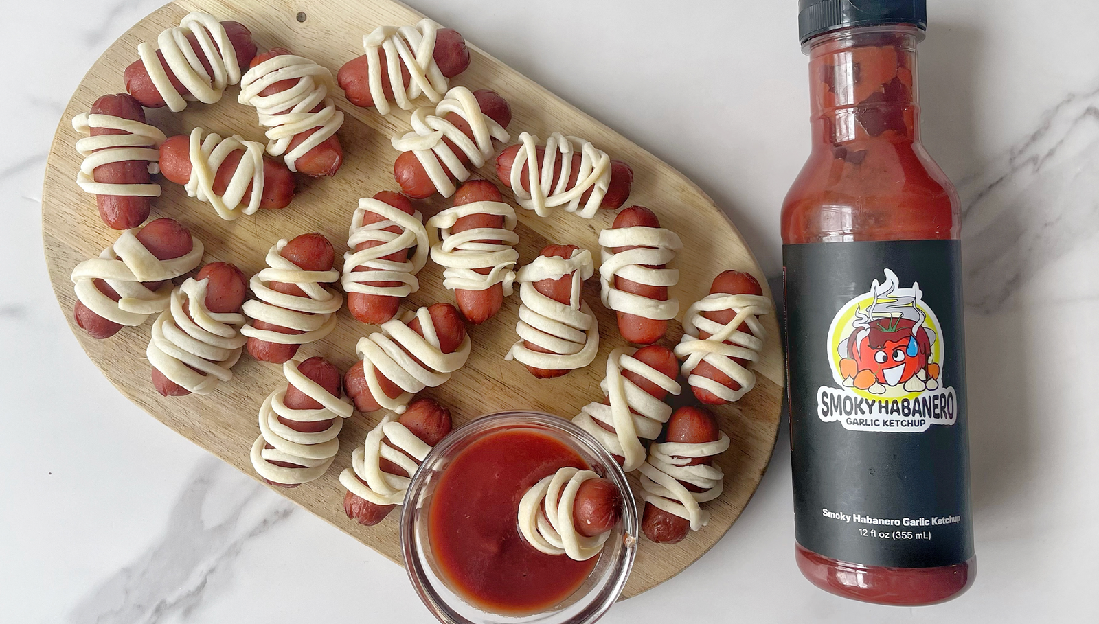  Mummy Hot Dogs with Smoky Habanero Garlic Ketchup