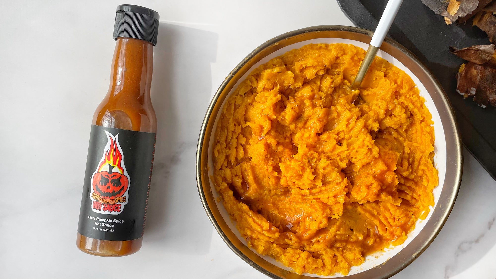 Spicy Mashed Sweet Potatoes with Fiery Pumpkin Spice Hot Sauce