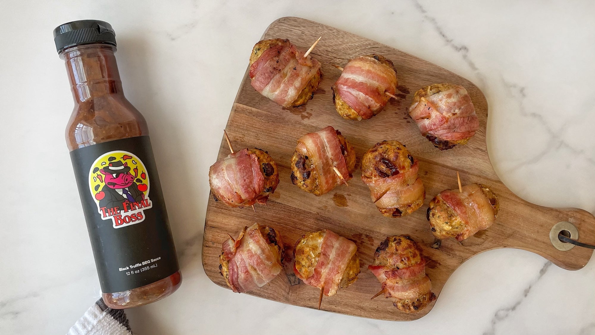 Bacon-Wrapped Stuffing Balls with The Final Boss Truffle BBQ Sauce