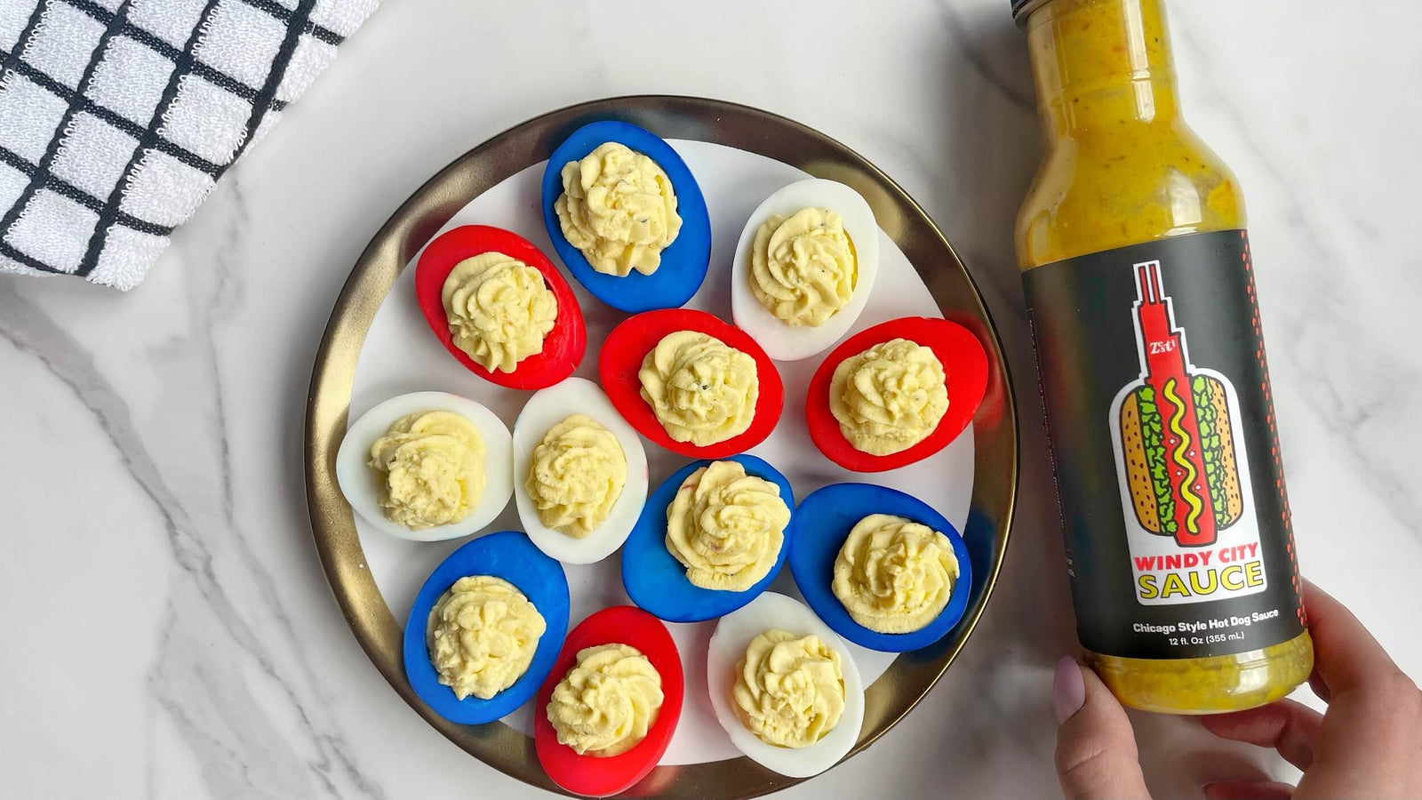 Red, White, and Blue Deviled Eggs with Windy City Mustard